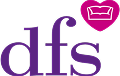 DFS brand logo with purple lowercase letters and a pink speech bubble containing a white couch icon.