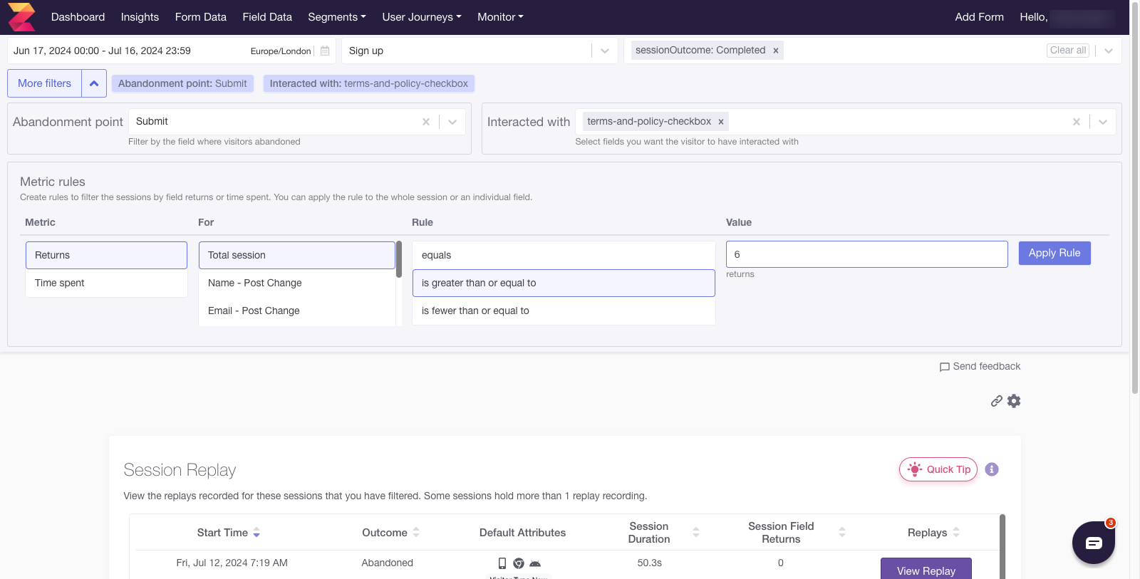 User interface for filtering session replays by abandonment point, interactions, and metric rules including returns and time spent with options to set rules and apply them.