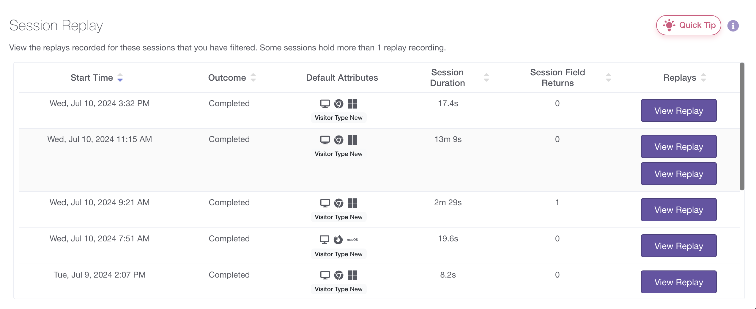 Table displaying session replays with columns for start time, outcome, default attributes, session duration, session field returns, and replay access buttons.