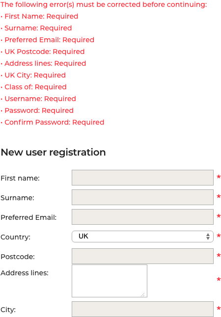 An example of inappropriately located error messages in a form (too high)
