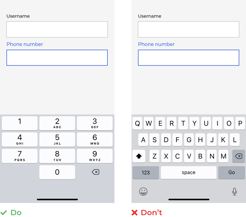 Screenshot examples of correct and incorrect HTML formats on a mobile form