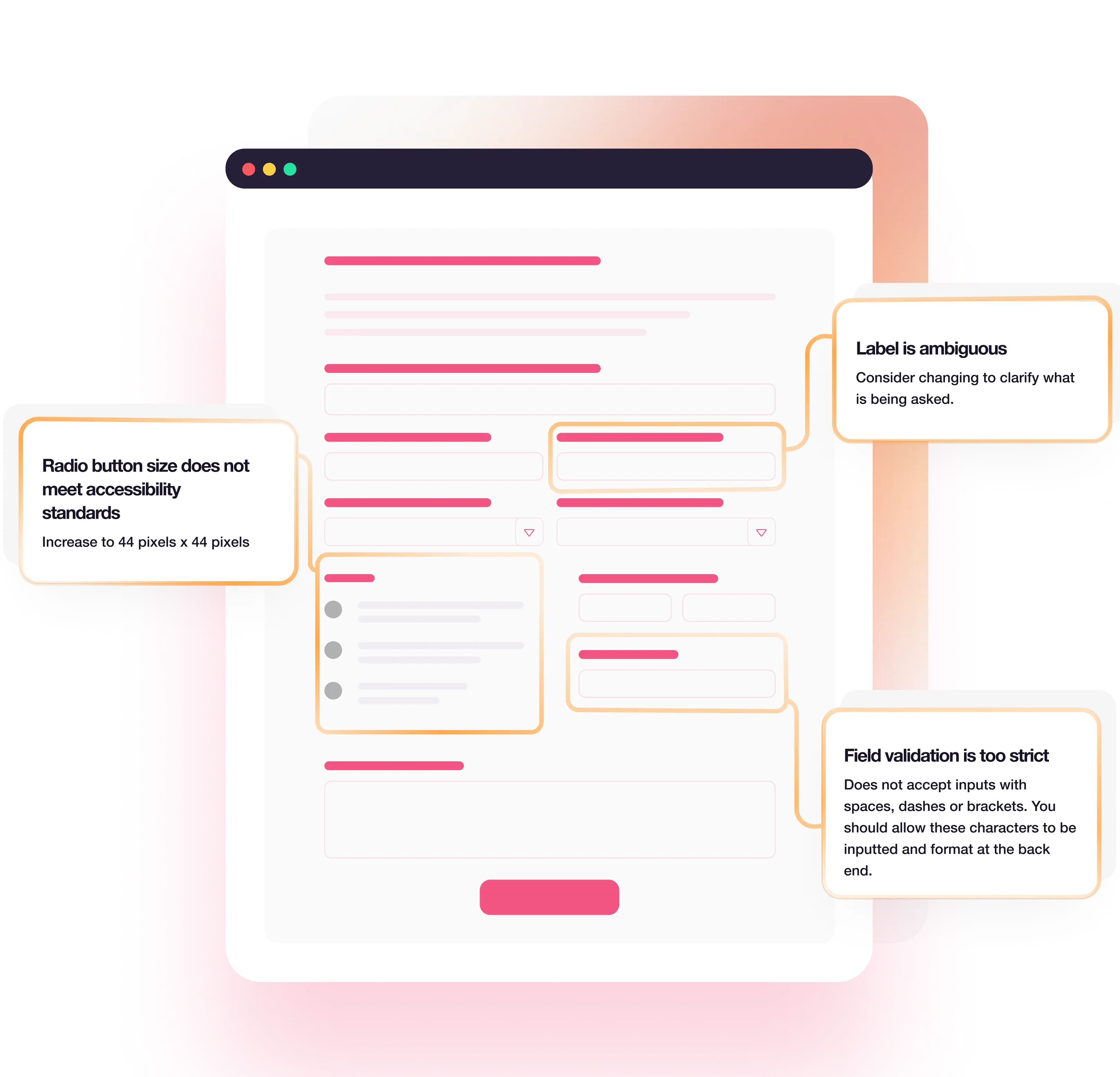 Form interface with highlighted accessibility and validation issues, including radio button size, ambiguous labels, and strict field validation rules.