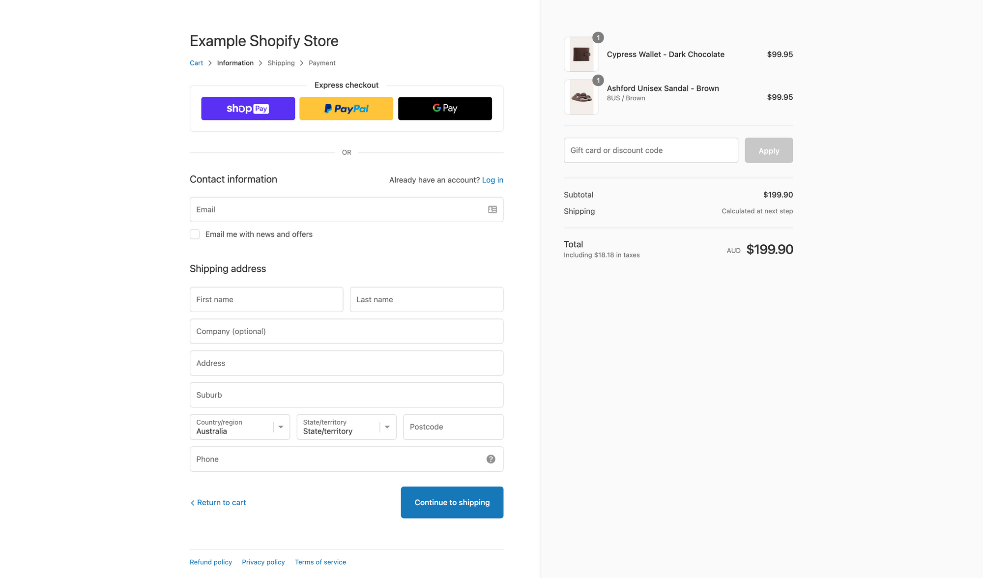 Shopify checkout page for Example Shopify Store showing express checkout options, contact and shipping information form, cart summary with two items: Cypress Wallet and Ashford Unisex Sandal, total $199.90 AUD including taxes.