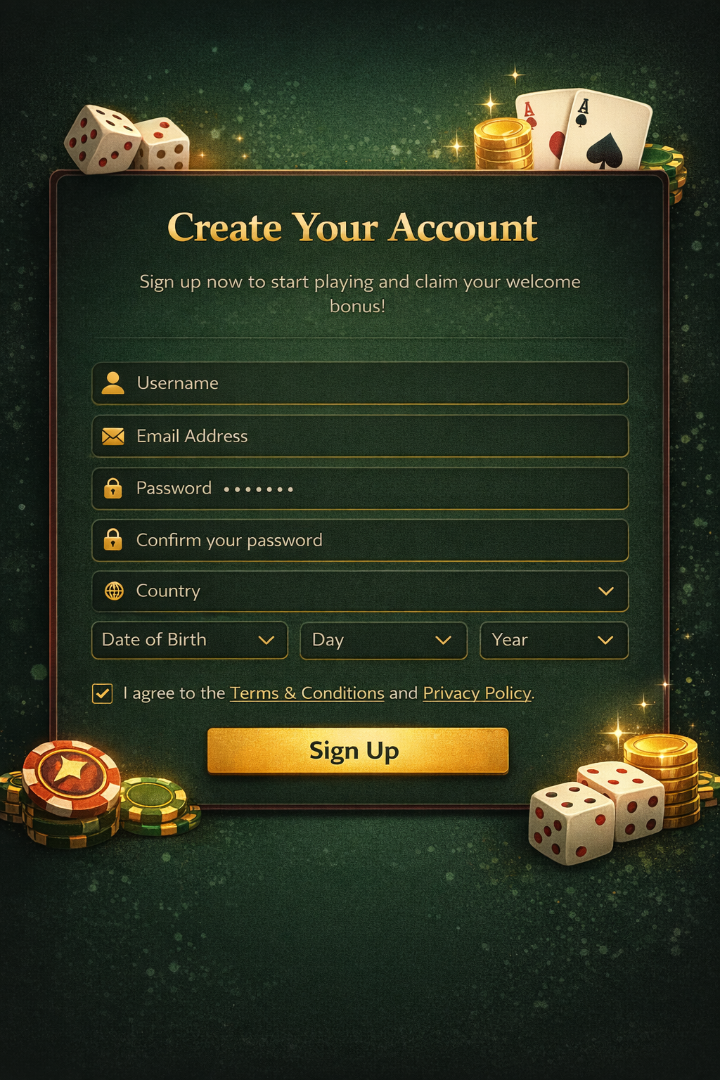 Online gaming account creation form with fields for username, email, password, country, and birth date, featuring dice, cards, and poker chips.