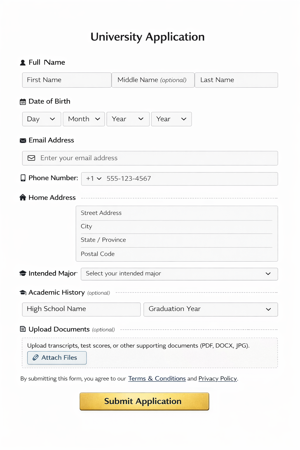 University application form with fields for full name, date of birth, email, phone number, home address, intended major, academic history, and document upload, plus a submit button.