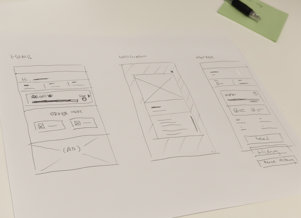 Paper with three hand-drawn UI wireframes labeled Home, Notification, and Member, showing interface layouts with text boxes, buttons, and placeholders.