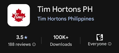 Tim Hortons PH app listing showing 3.5 star rating from 188 reviews, over 100,000 downloads, and Everyone content rating.