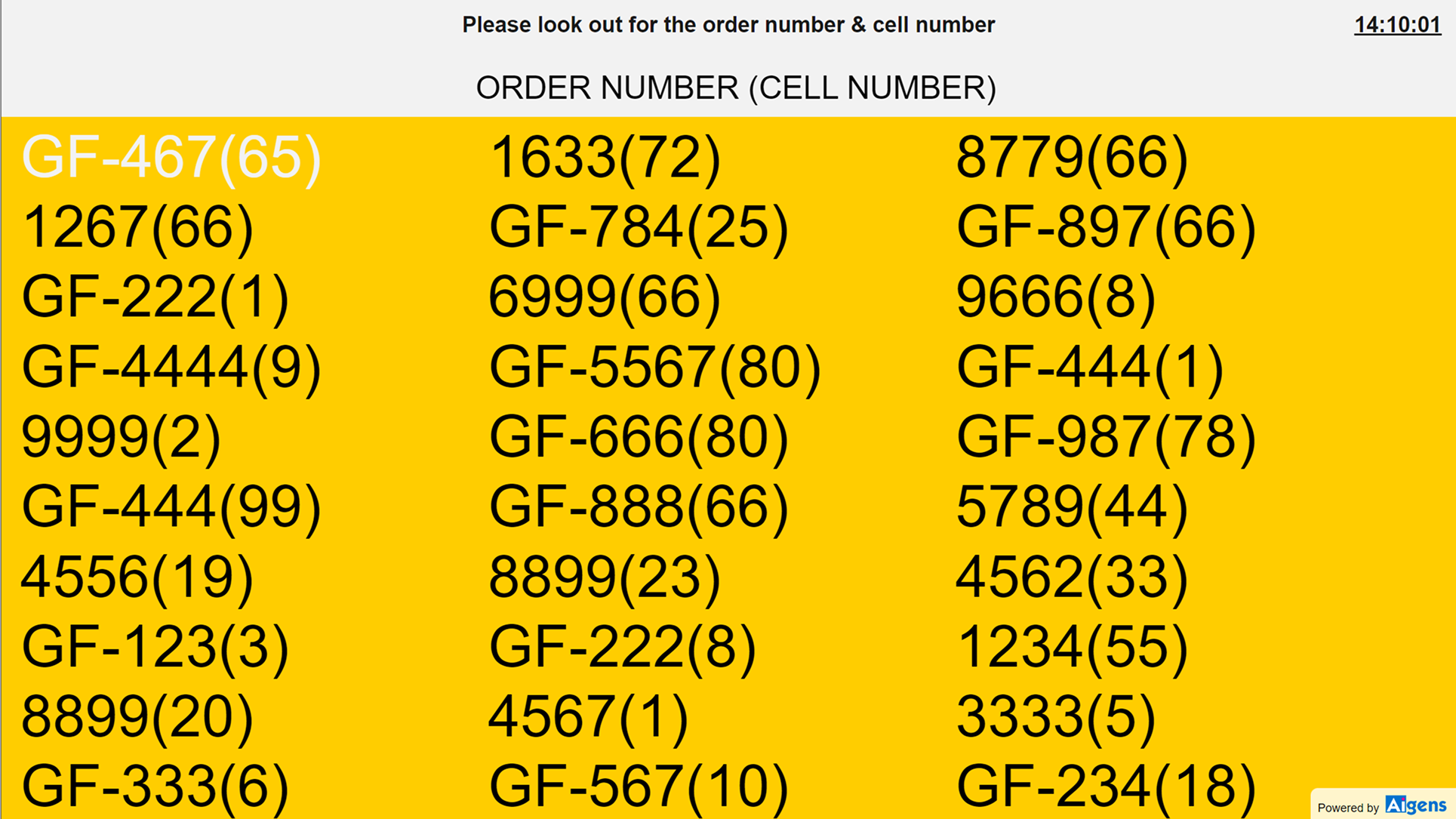 Screen with three columns of order numbers and cell numbers in parentheses on a yellow background under a heading instructing to look out for order number and cell number.