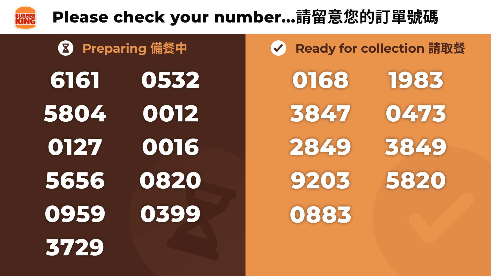 Burger King order pickup board showing numbers under Preparing (brown background) and Ready for collection (orange background) categories.