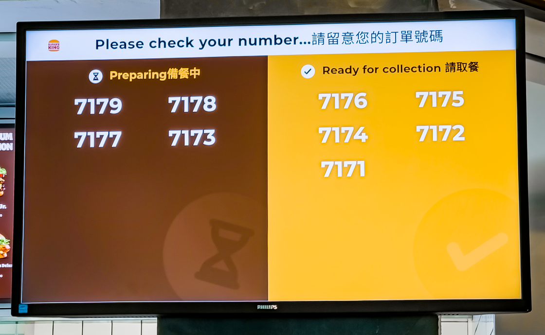 Burger King order status screen displaying order numbers; left side in brown shows 'Preparing' orders 7179, 7178, 7177, 7173, right side in yellow shows 'Ready for collection' orders 7176, 7175, 7174, 7172, 7171.