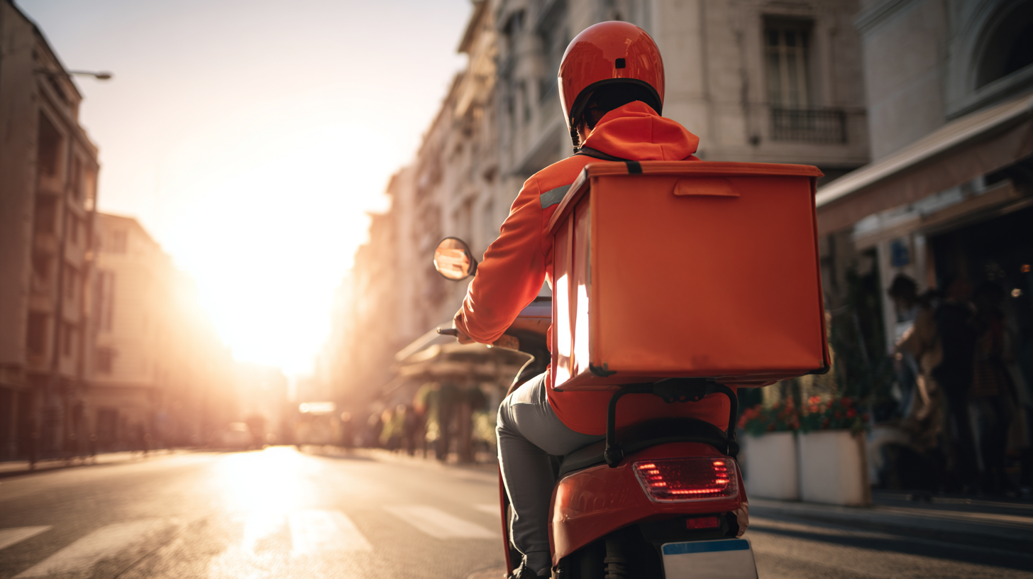 Delivery rider wearing an orange helmet and jacket, riding a scooter with an orange delivery box on a city street at sunset.