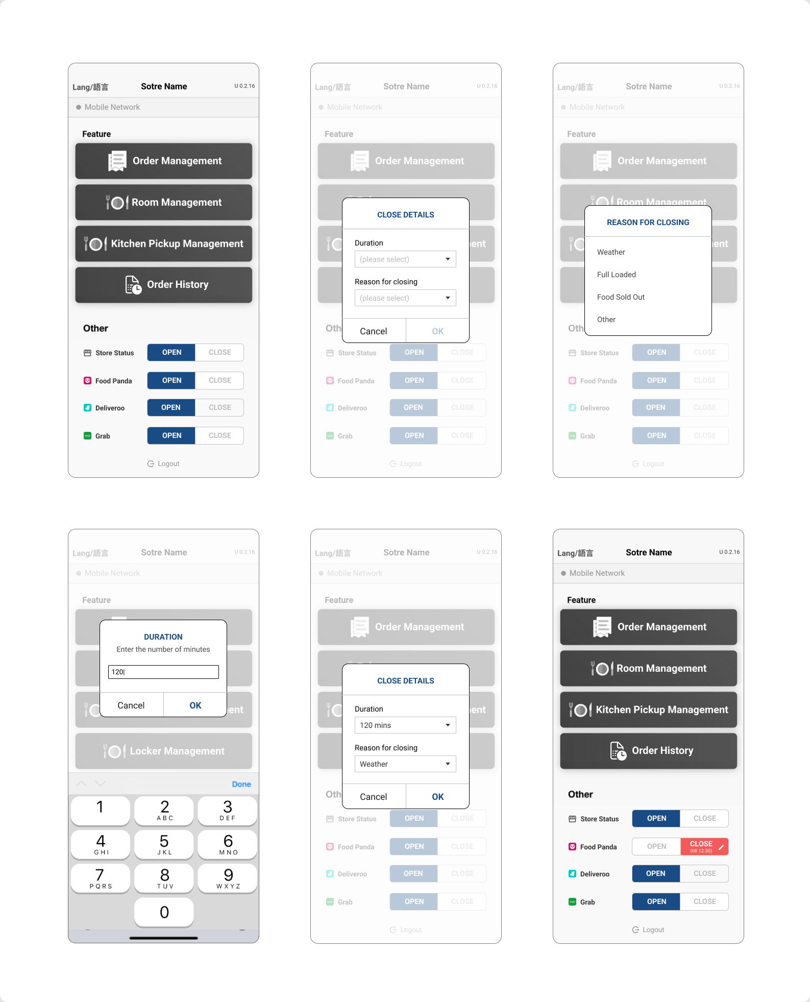 Six-step interface showing a store management app with options for order, room, kitchen pickup, order history management, and toggles for store status and delivery services with a closing detail form and duration input.