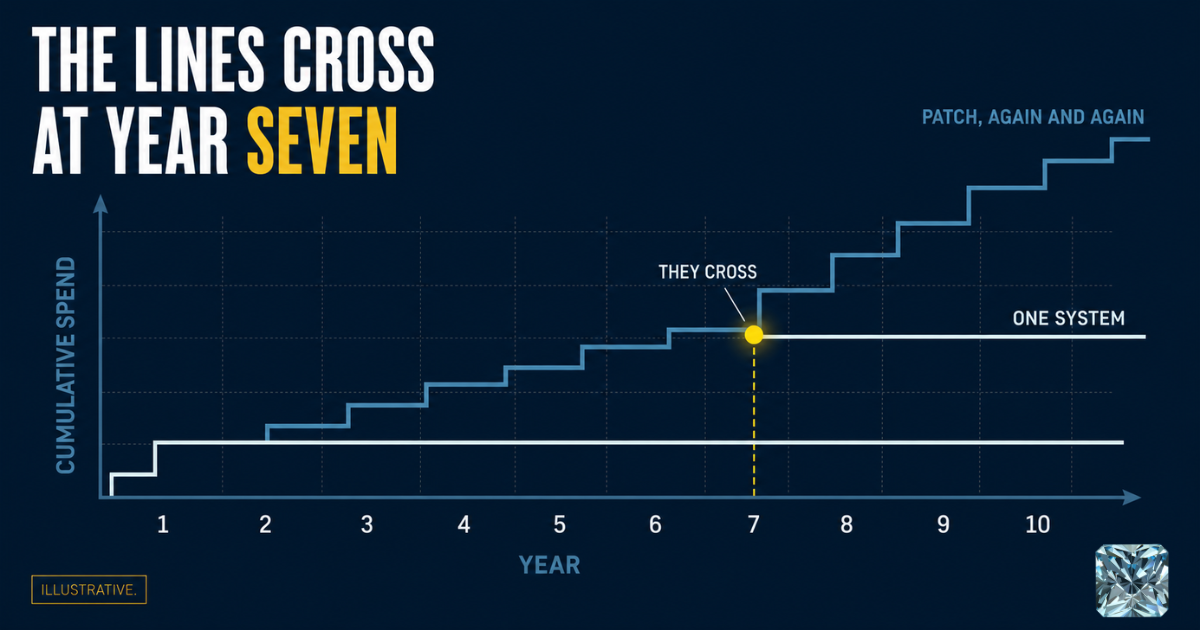 Line chart titled “The lines cross at year seven” comparing 10 years of repeated roof patching against one roof system, where patch costs keep climbing in steps and the one-system cost stays flat until the lines cross at year seven (illustrative)