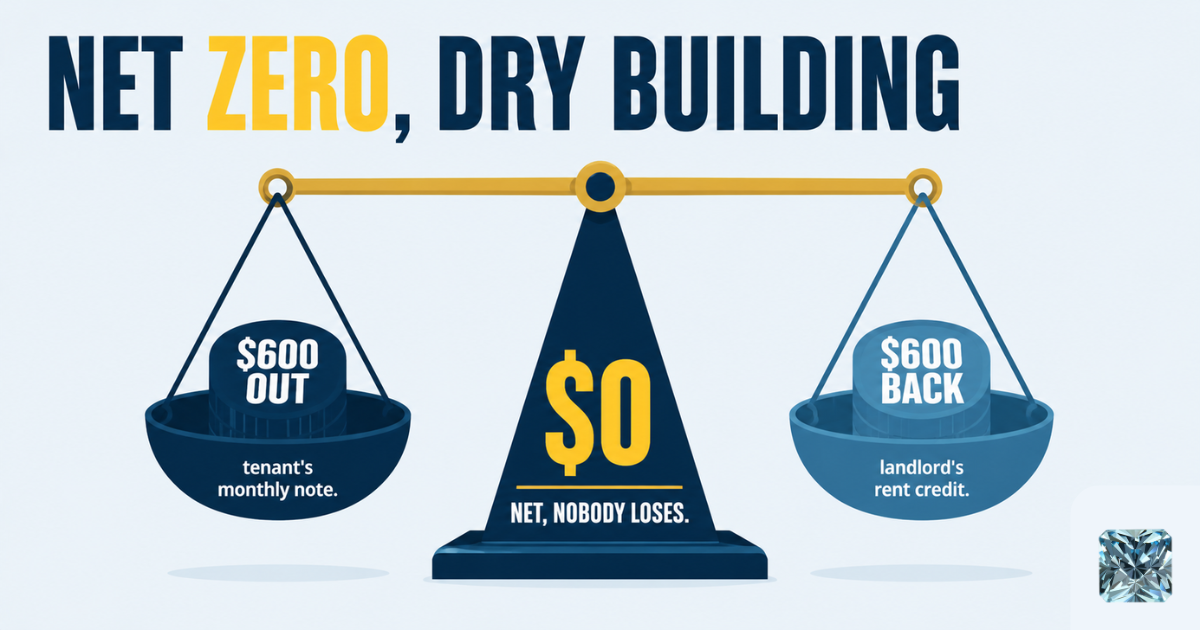 Scale graphic titled “Net zero, dry building”: tenant’s $600 monthly note balanced by the landlord’s $600 rent credit, for $0 net and nobody loses