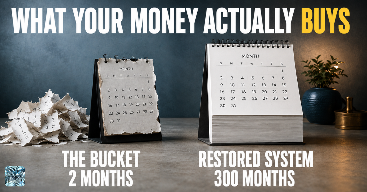 Commercial roof repair comparison: a bucket of sealant lasts 2 months, a restored roof system lasts 300 months