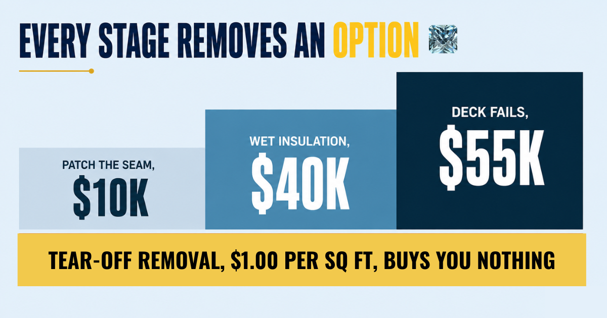 Commercial flat roof repair costs rise by stage: $10K patch the seam, $40K wet insulation, $55K deck fails, plus $1 per sq ft for tear-off