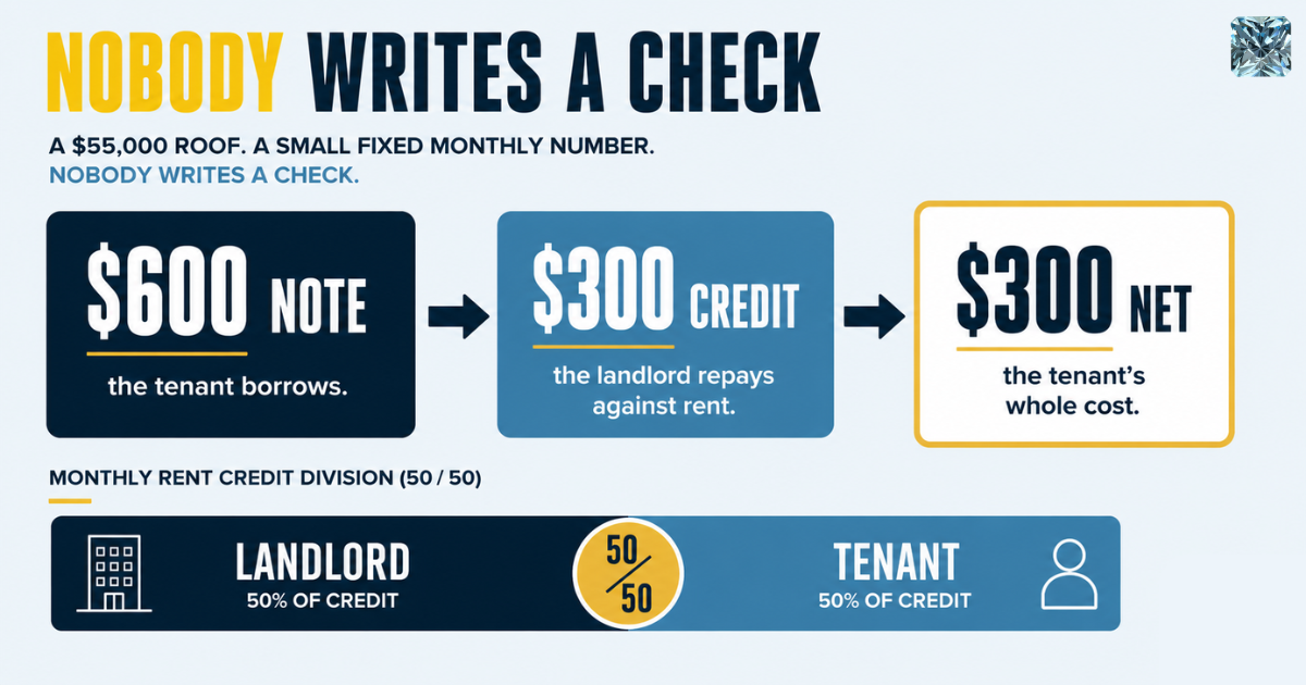 Tenant-funded $55,000 roof: $600 monthly note, $300 landlord rent credit, $300 net cost, split 50/50