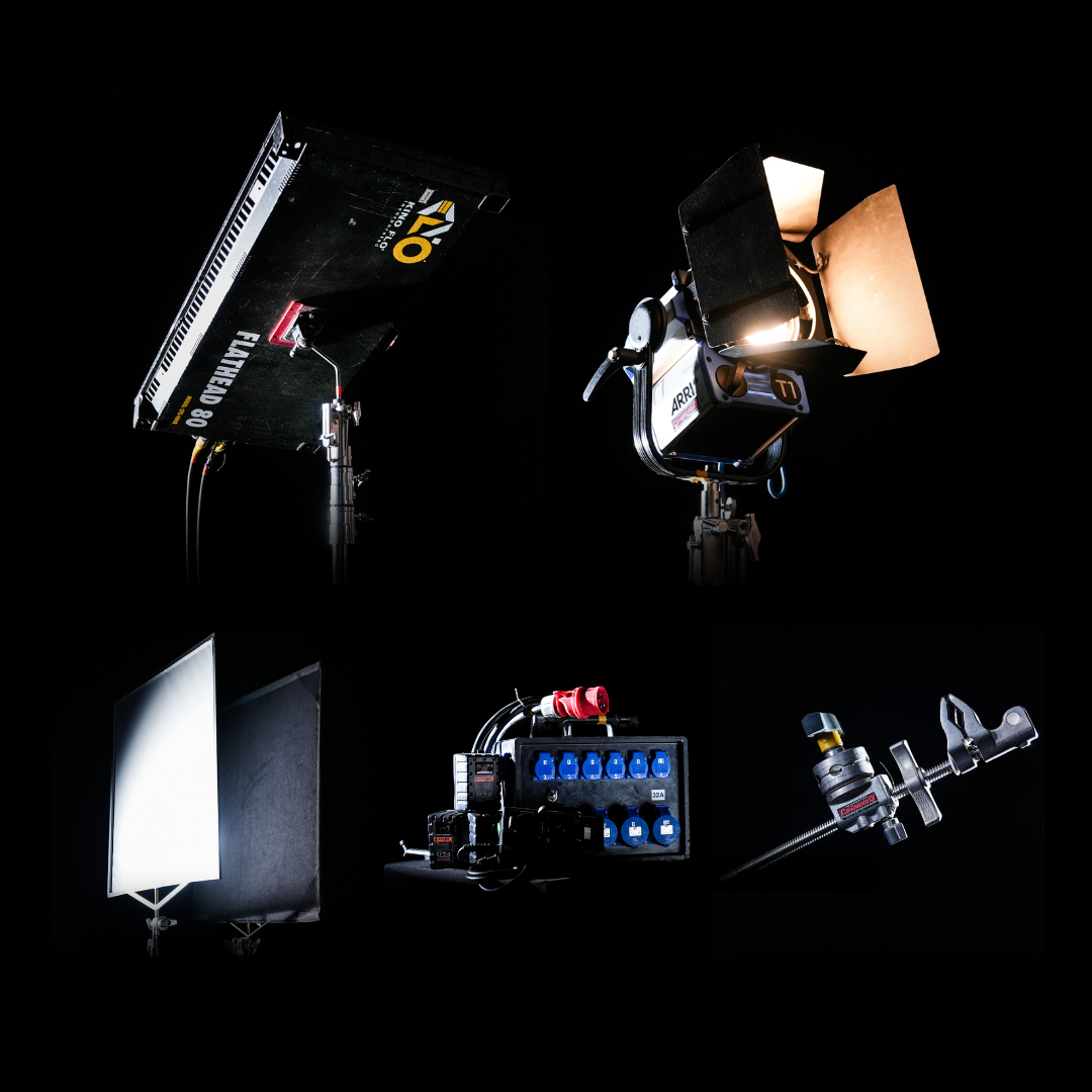 Collage of cinema lighting equipment including flathead light, ARRI light, diffuser, power strip, and clamp.
