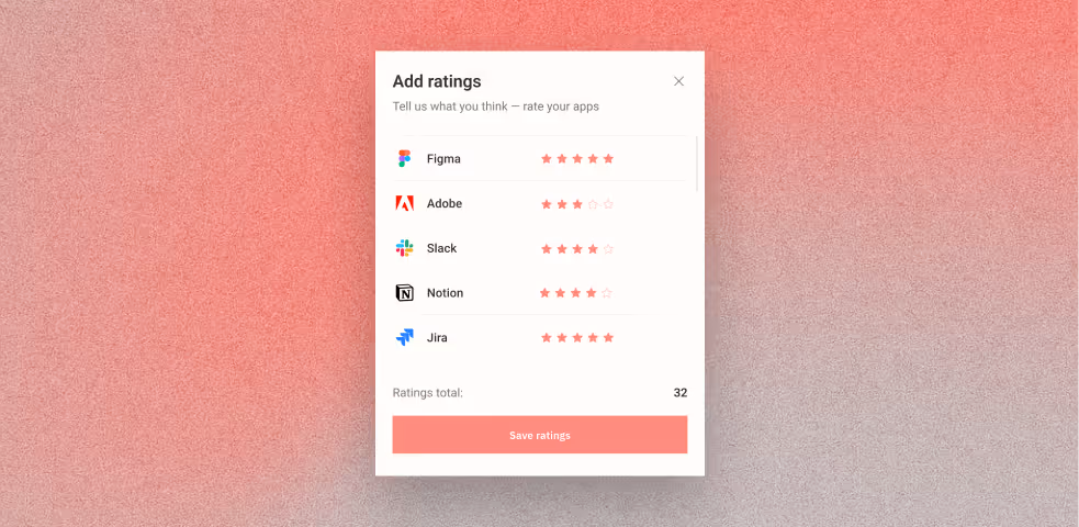 Employee software rating interface showing app reviews and star ratings to improve the SaaS stack