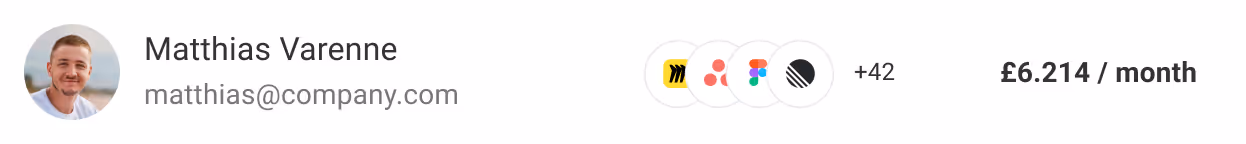 User access row for Matthias Varenne showing assigned software licences and monthly cost of €6,214