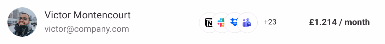 User access row for Victor Montencourt showing assigned software licences and monthly cost of €1,214