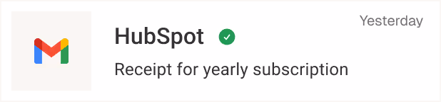 Email receipt card showing a HubSpot yearly subscription renewal marked as received yesterday