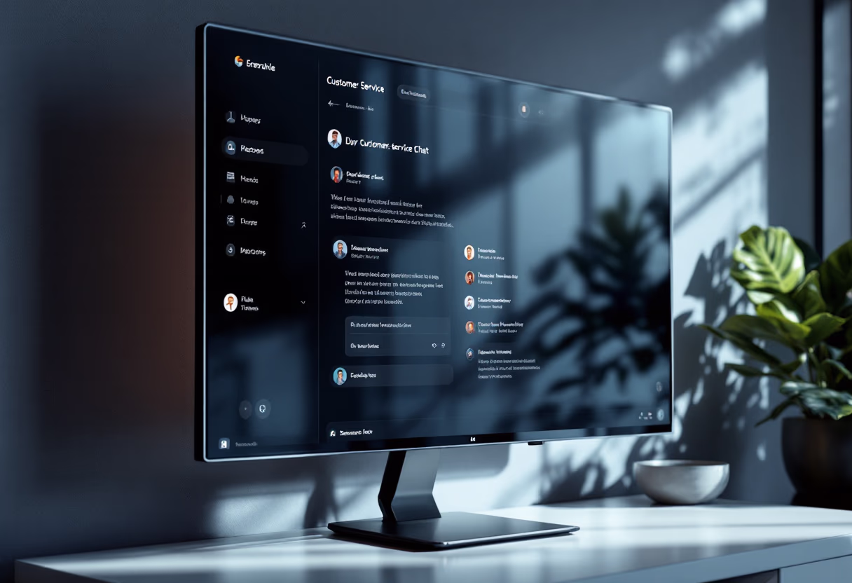 Monitor moderno su scrivania con interfaccia di chat del servizio clienti visibile, pianta verde sul lato destro.