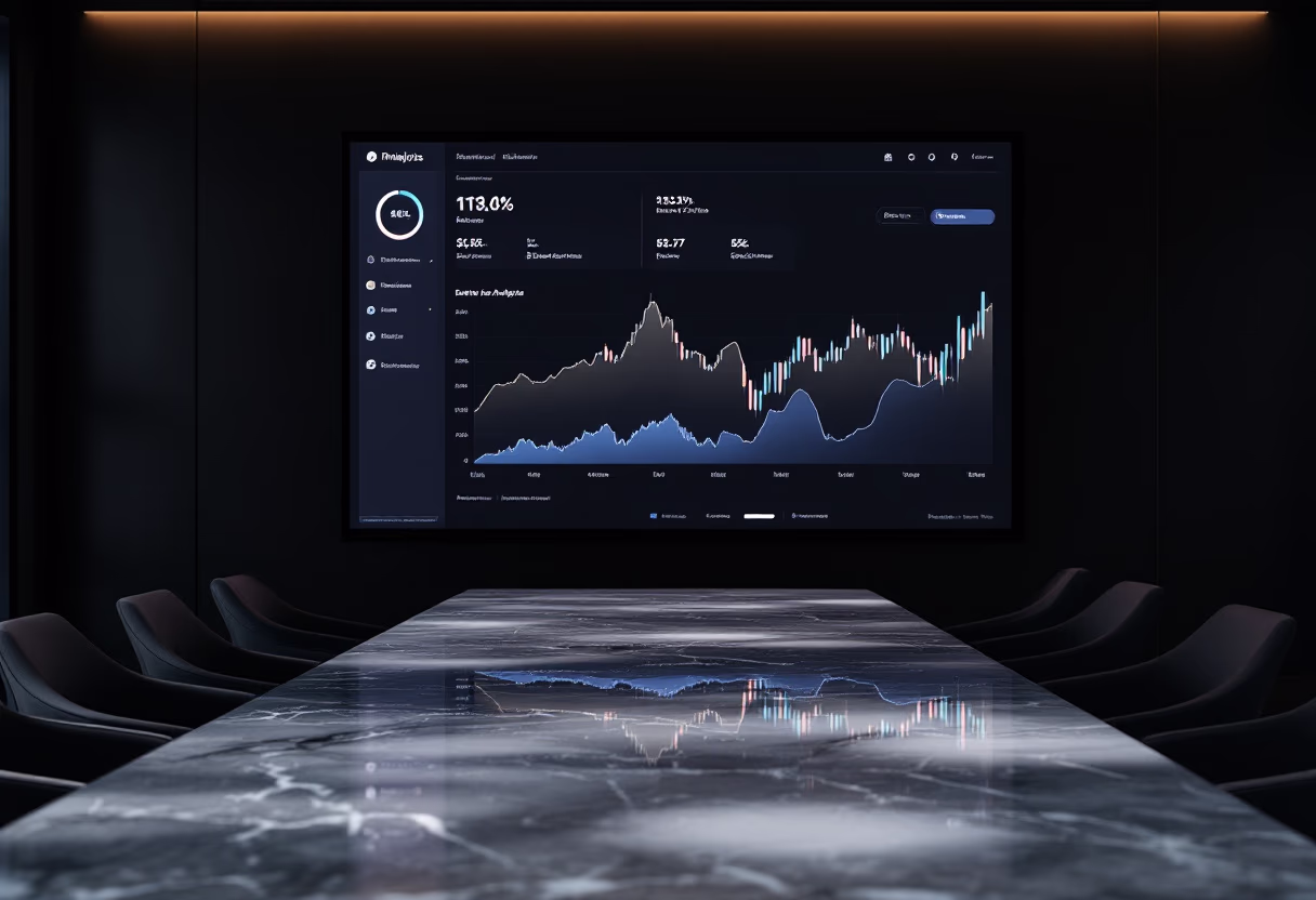 Sala riunioni con tavolo in marmo lucido e sedia imbottite nere, con un grande schermo a parete che mostra grafici finanziari e dati analitici.