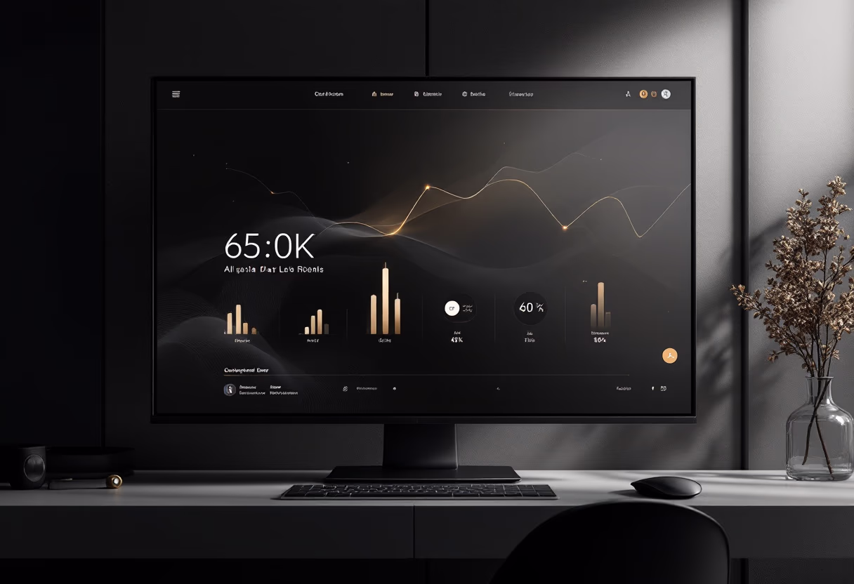Scrivania minimalista con monitor che mostra grafici e dati su sfondo scuro, tastiera e mouse neri, vaso con rami secchi a destra.