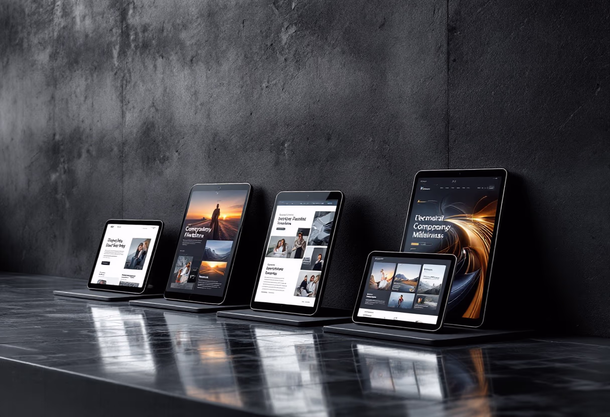 Cinque tablet con diversi siti web aperti, disposti su una superficie riflettente di fronte a una parete scura.