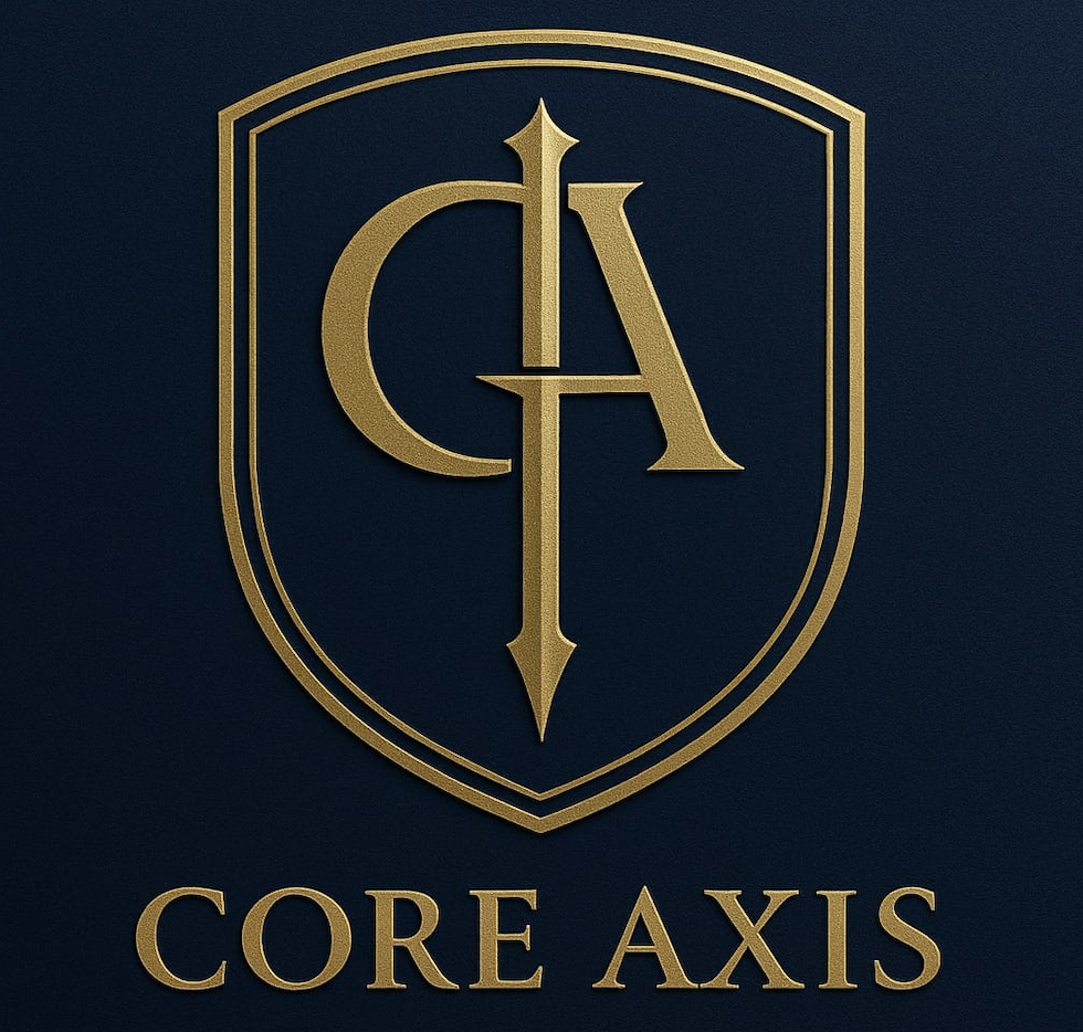 Logo dorato con scudo, lettere intrecciate CA e freccia verticale centrale, su sfondo blu scuro, con testo Core Axis.