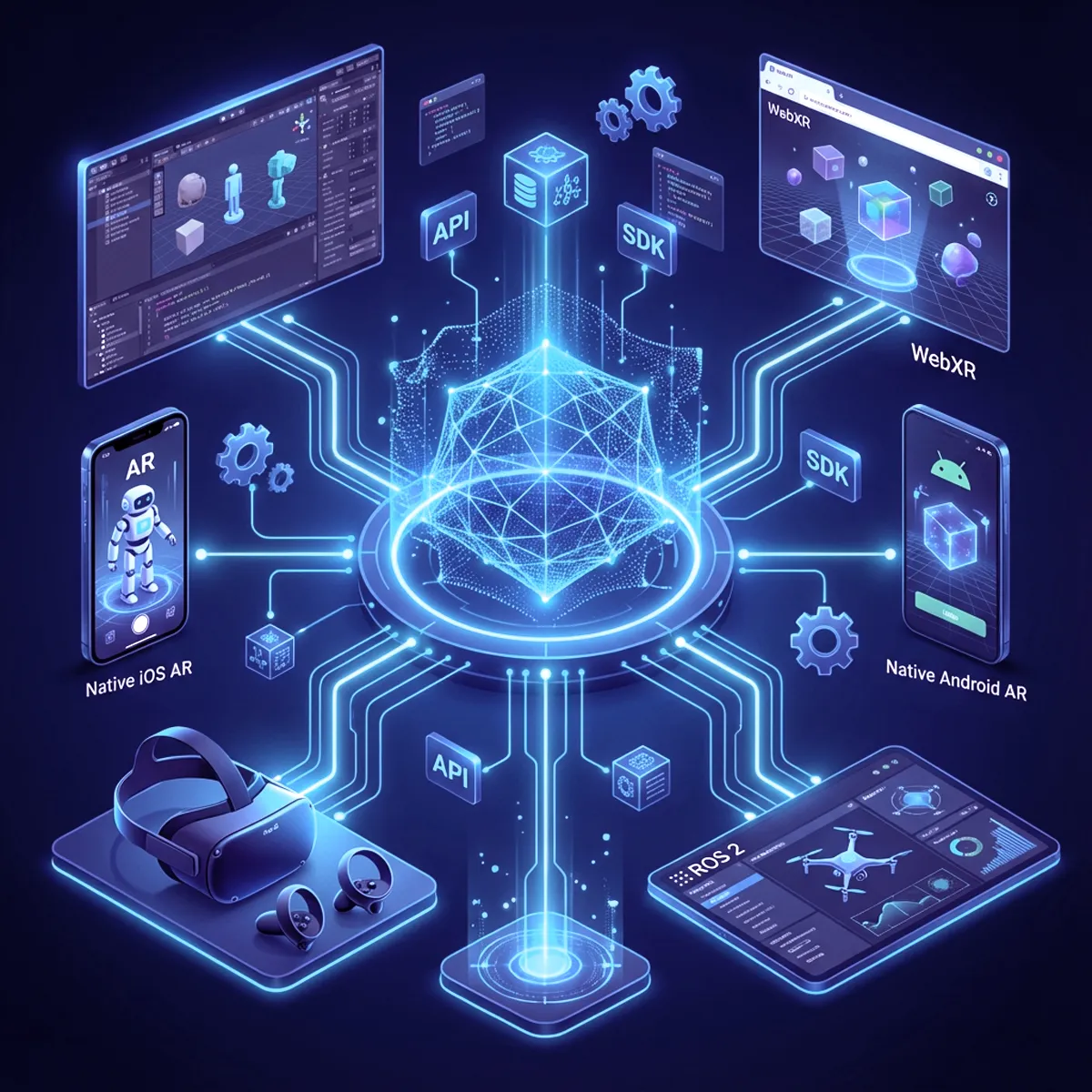 Digital illustration of a central glowing 3D wireframe cube connected to various devices and platforms including VR headset, smartphone with AR, web browser with WebXR, tablet with drone interface, and computer with 3D models, labeled with API and SDK icons.