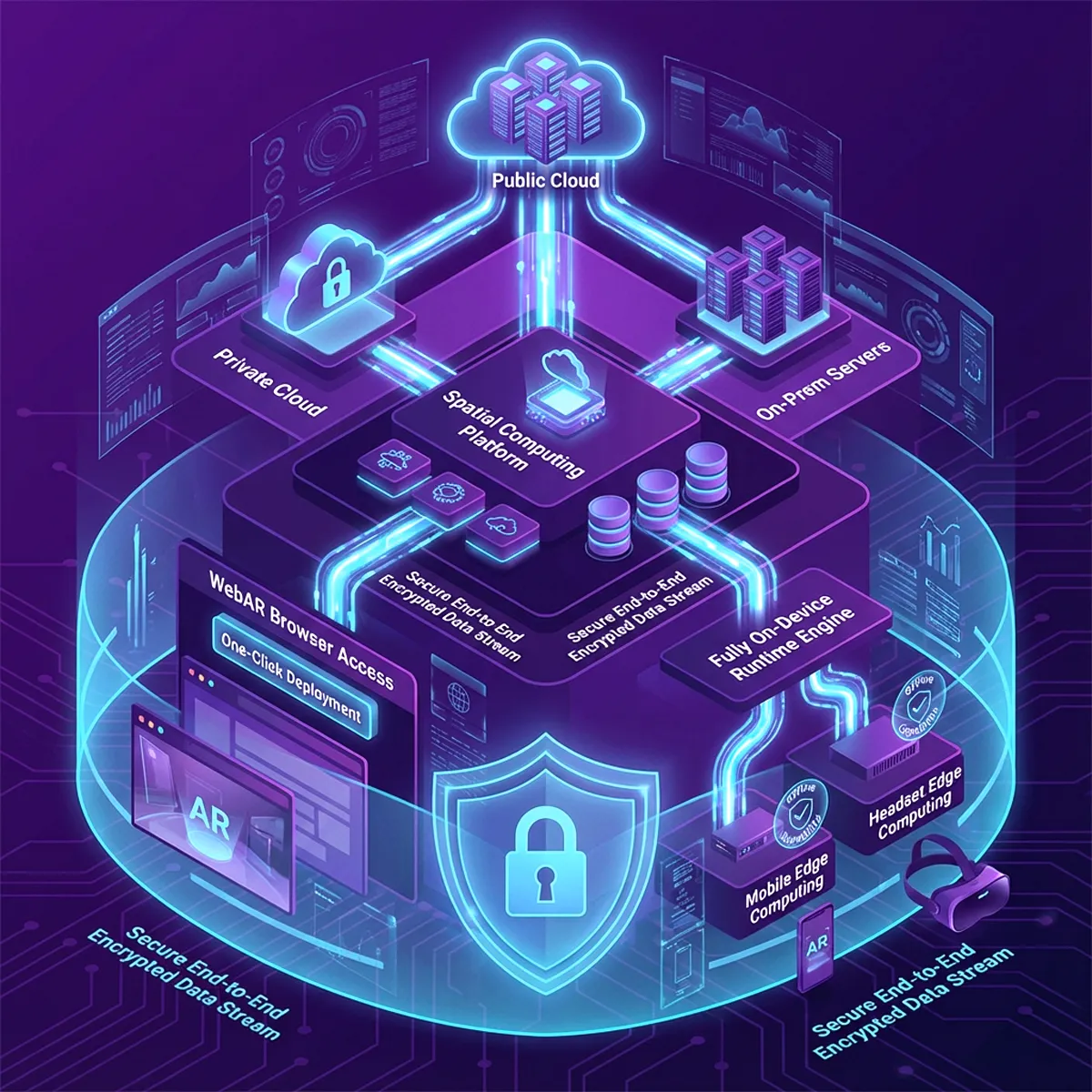 Diagram illustrating a secure spatial computing platform connecting public cloud, private cloud, and on-prem servers to WebAR browser access and fully on-device runtime engine with mobile and headset edge computing through secure encrypted data streams.