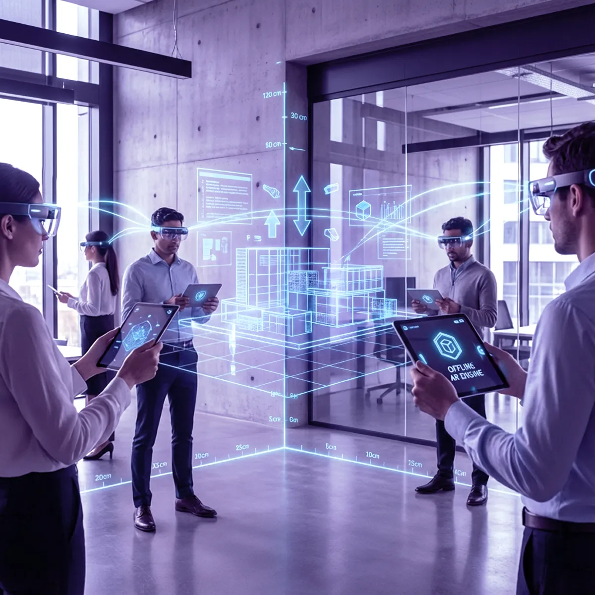 Five professionals in an office using augmented reality glasses and tablets to interact with a 3D holographic building model.