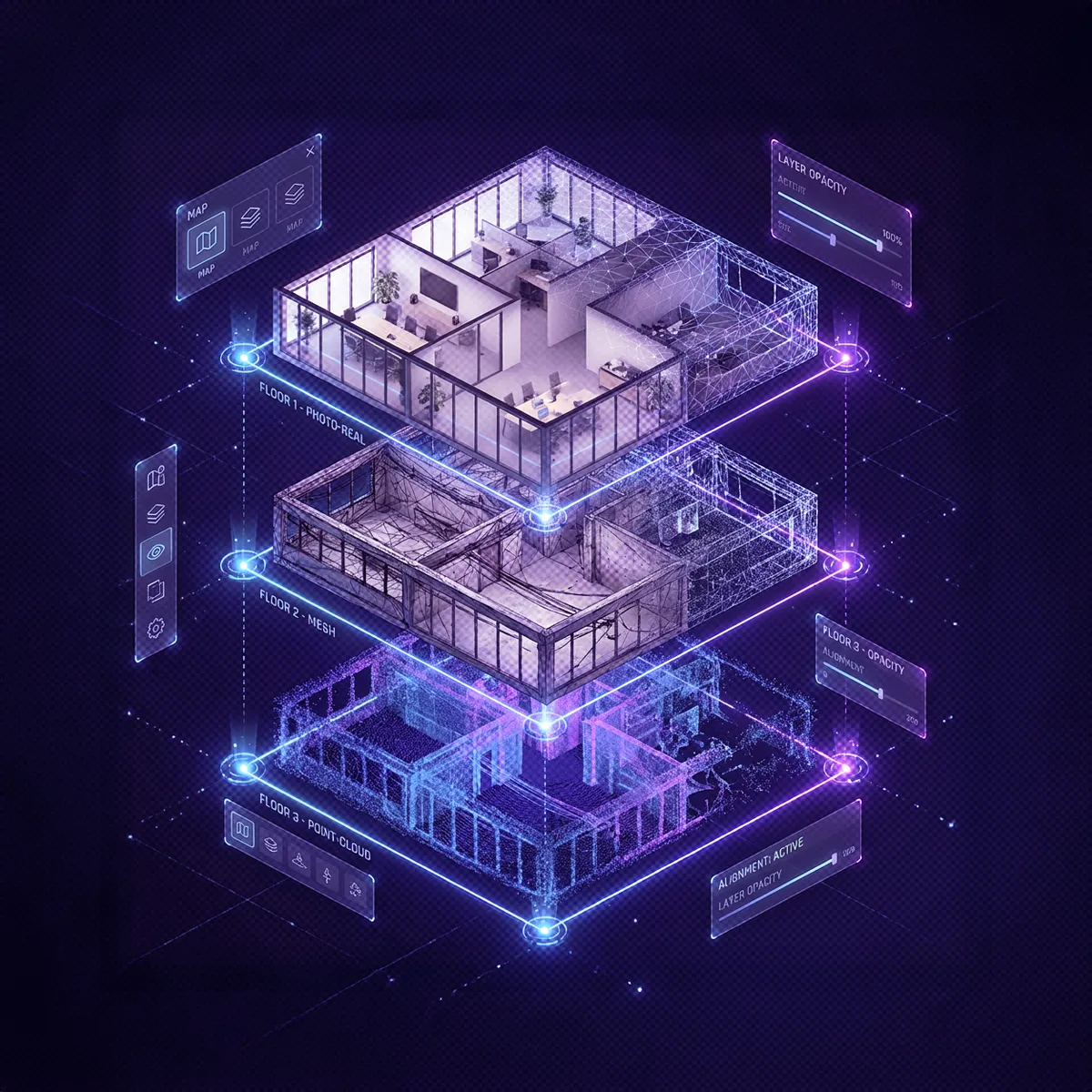 3D architectural visualization of a multi-floor building showing photo-realistic, mesh, and point-cloud layers with interactive UI elements for map and opacity control.