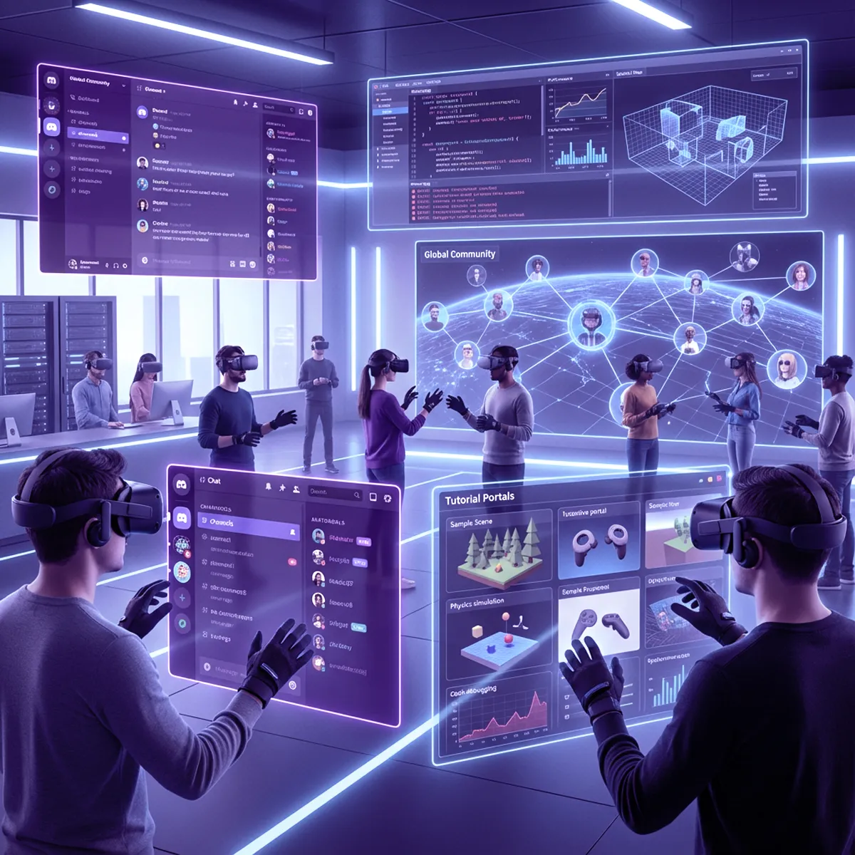 People wearing VR headsets and gloves interacting with virtual interfaces showing coding, charts, and tutorials in a futuristic digital environment.