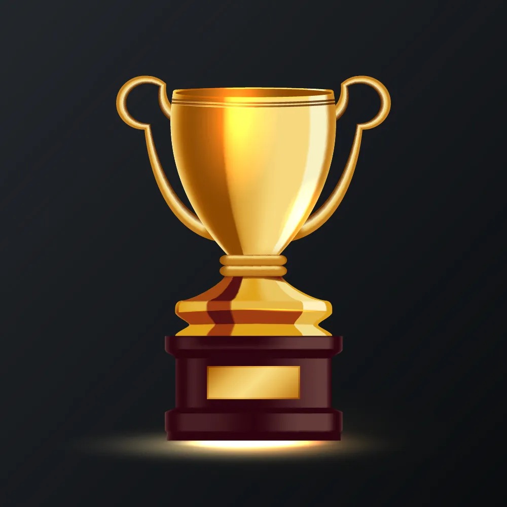 Shiny golden trophy cup with two handles on a dark base against a black background.