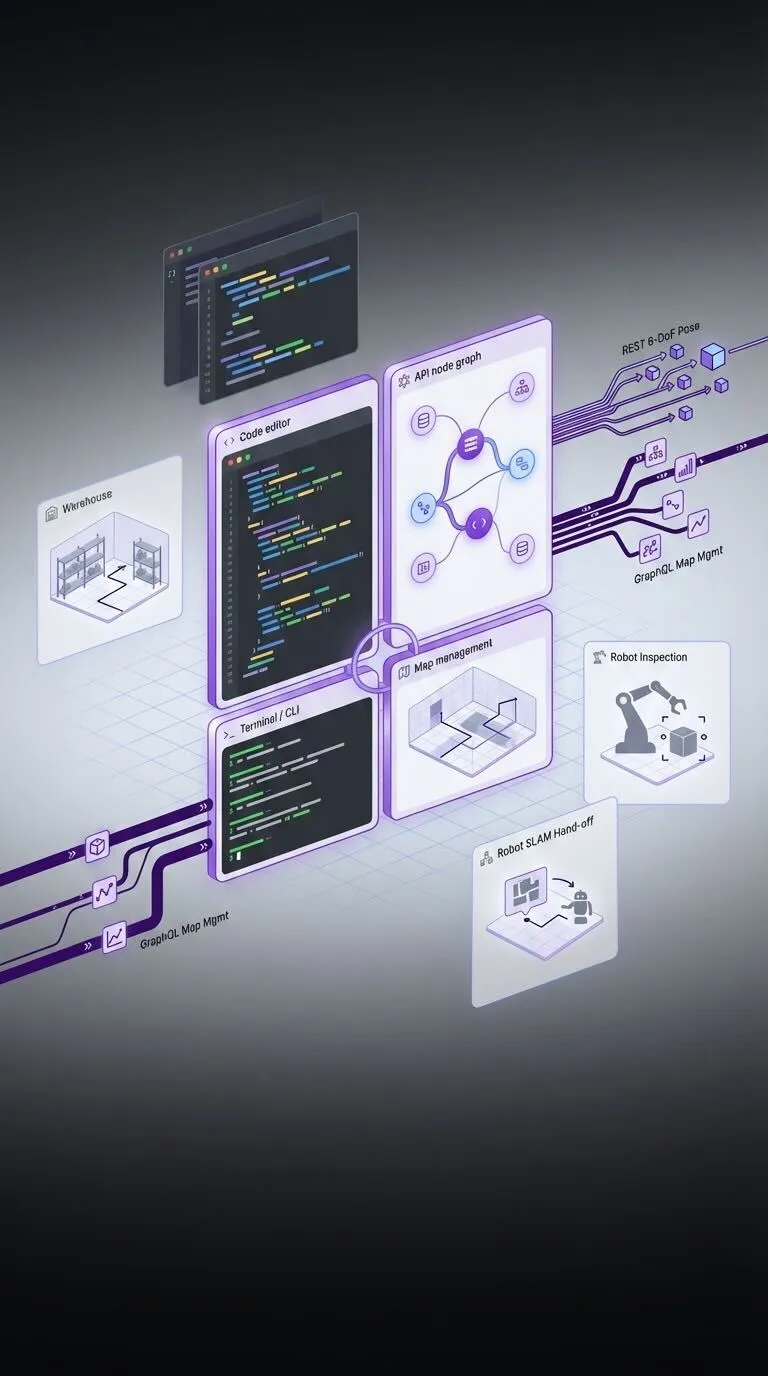 Diagram showing interconnected software components including code editor, API node graph, warehouse, map management, robot inspection, and robot SLAM hand-off with data flow lines.