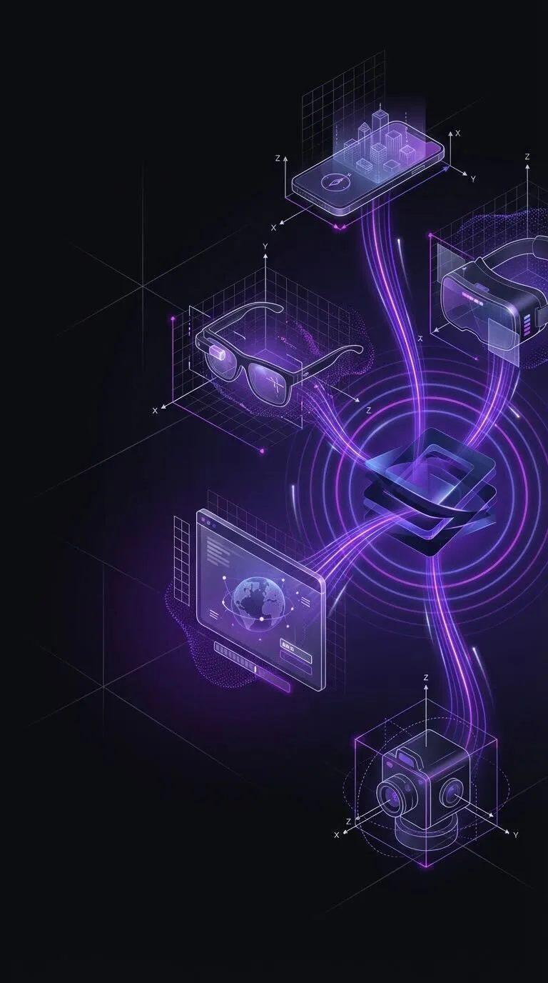 Futuristic digital illustration showing a 3D chip at the center connecting to a smartphone, smart glasses, VR headset, computer screen with globe, and a 360-degree camera with neon purple data streams.