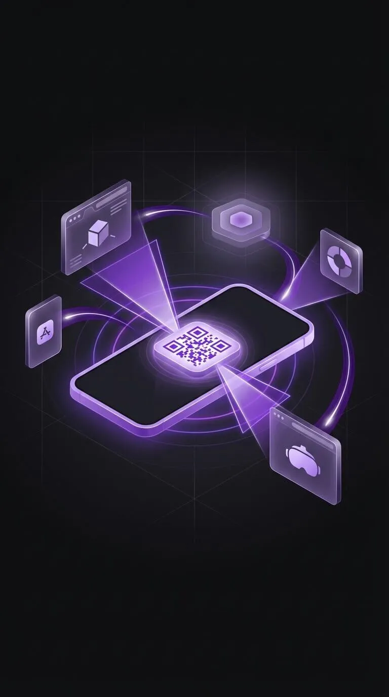 3D illustration of a smartphone displaying a glowing QR code with digital icons representing apps and technology surrounding it in purple tones.