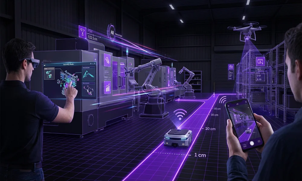 Two men in a high-tech factory using augmented reality and a smartphone to control a small robot navigating a path marked with distance measurements.