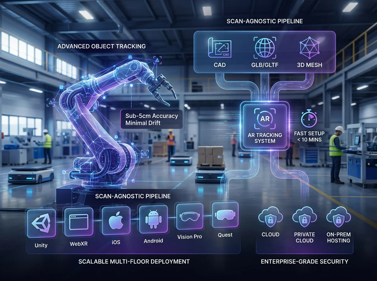 Futuristic industrial scene with holographic robotic arm and augmented reality tracking system icons connected to various platforms and cloud security options.