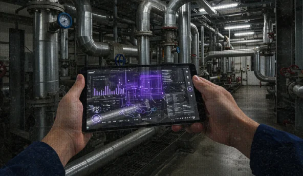 Person holding a digital tablet displaying augmented reality interface for monitoring industrial pipes in a facility.