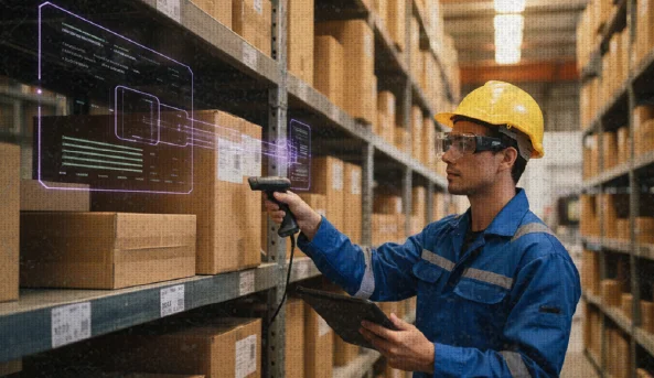 Warehouse worker in a yellow hard hat scanning boxes on shelves using a handheld scanner and holding a tablet, with digital interface overlays visible.