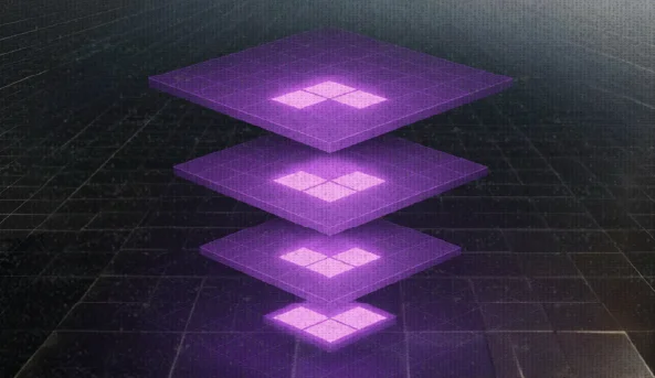 Four descending purple glowing layers with grid patterns and square block icons, illustrating hierarchical indexing.