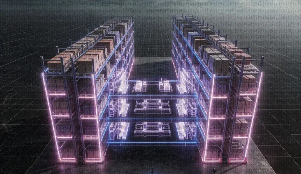 Digital 3D visualization of two tall warehouse shelving units connected by catwalks, illuminated with neon pink and blue lights.