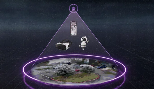 Holographic projection showing a smartphone, VR headset, and small robot above a circular digital landscape.