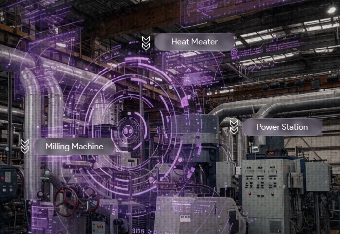 Industrial factory interior with pipes, machinery, and augmented reality data overlays labeling Heat Meter, Milling Machine, and Power Station.