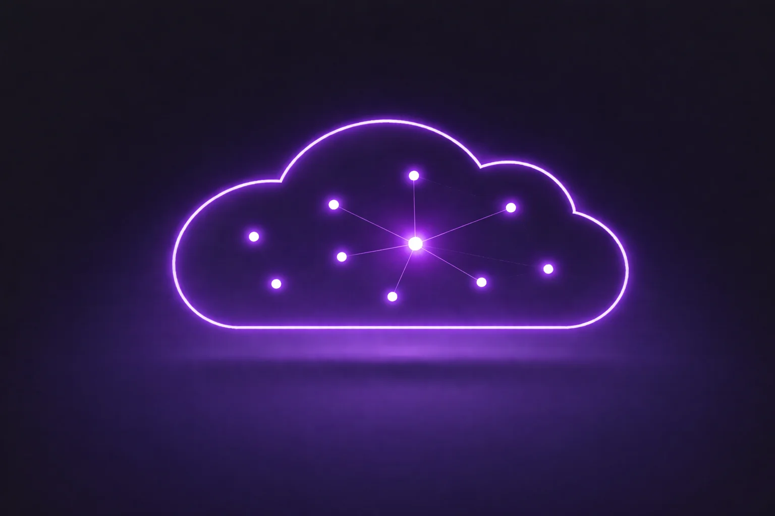 Neon purple cloud outline with interconnected glowing nodes representing cloud network or cloud computing.