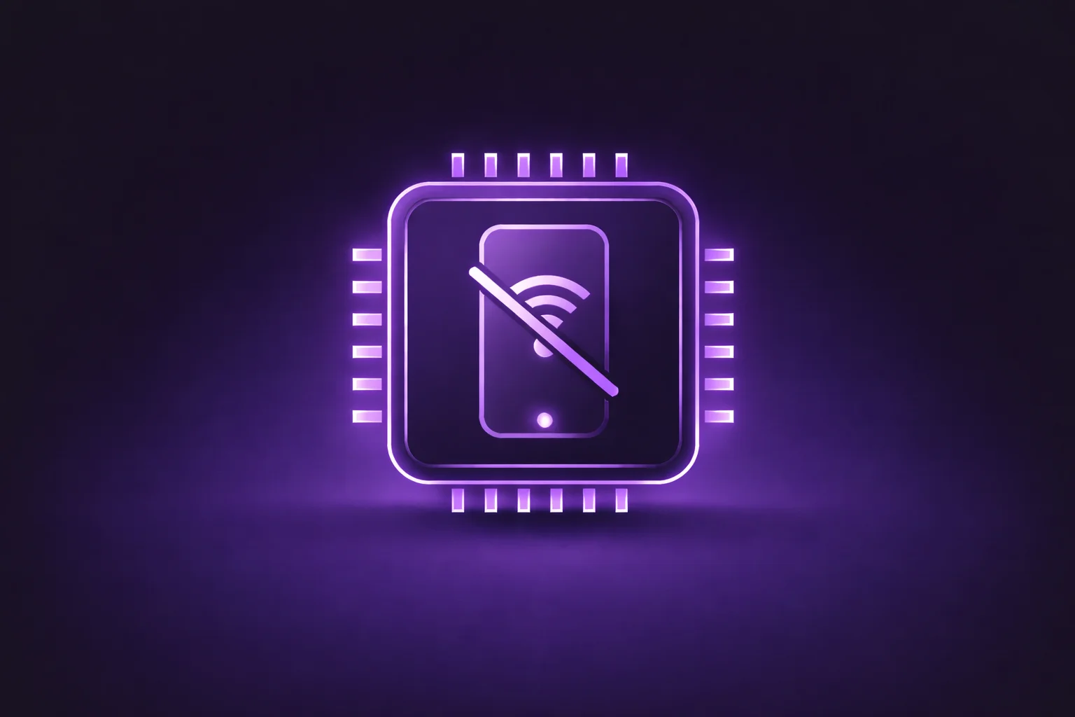 Glowing purple microchip icon with a crossed-out smartphone and Wi-Fi symbol inside.